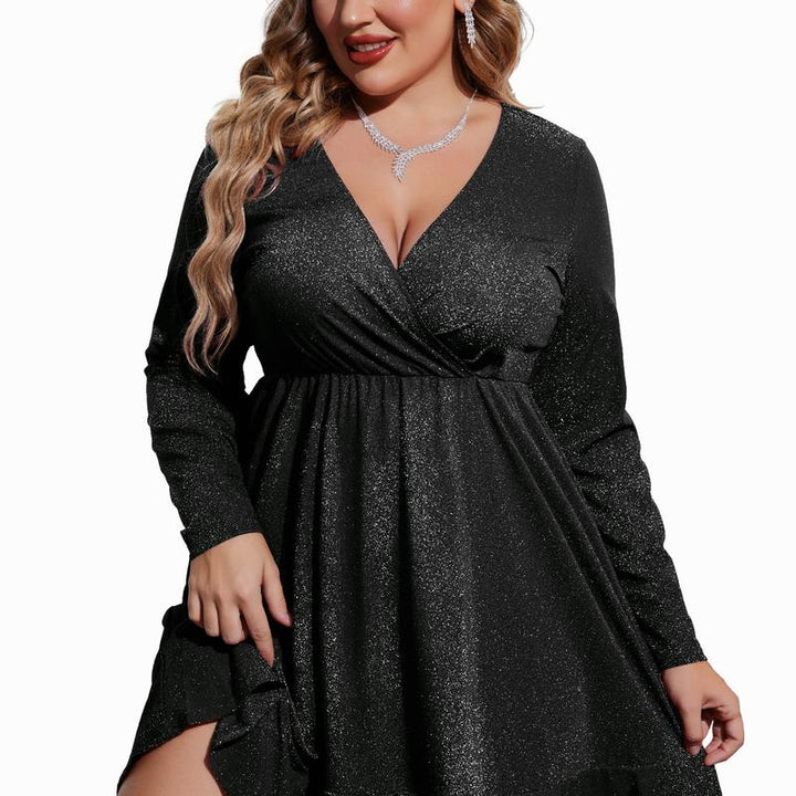 Mathilde™ | Plus size glitter V-hals ruffle hem swing cocktail jurk