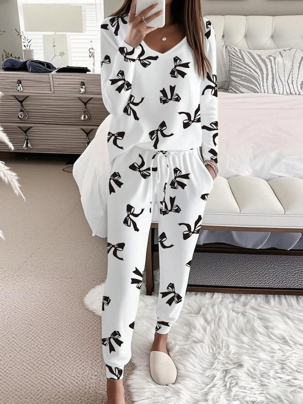 Hallie™ | Bow print V-hals lange mouwen top & tie waist broek set