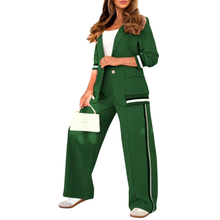 Suzette™ | Elegante patchwork lapel neck top and elastic waist trouser set