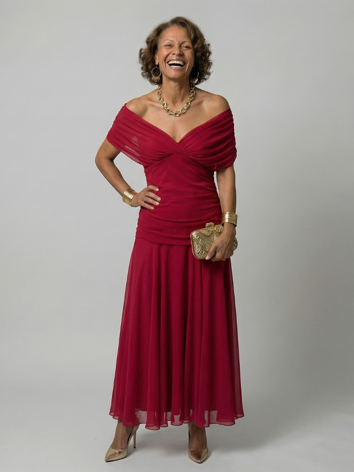Calen | Off shoulder flow midi jurk