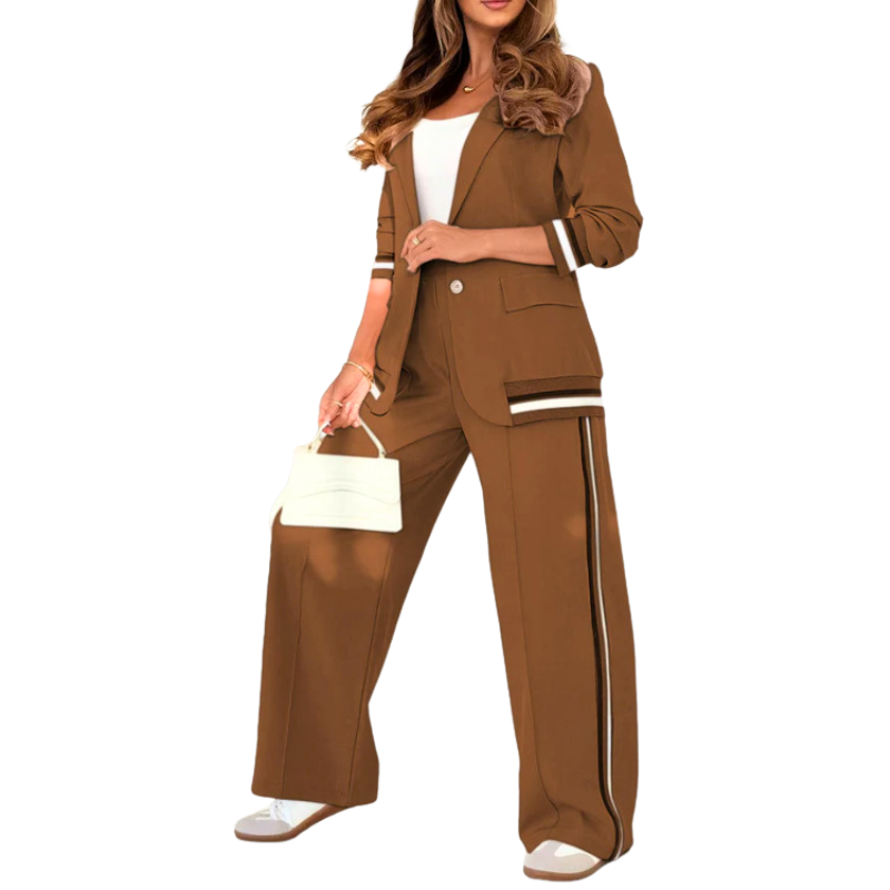 Suzette™ | Elegante patchwork lapel neck top and elastic waist trouser set