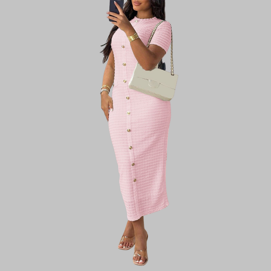 Rachel™ | Elegante ronde hals fake button jurk