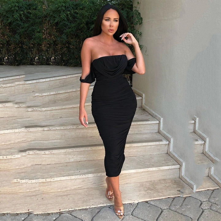 Kliti™ | Elegante off-shoulder ruched bodycon midi party jurk