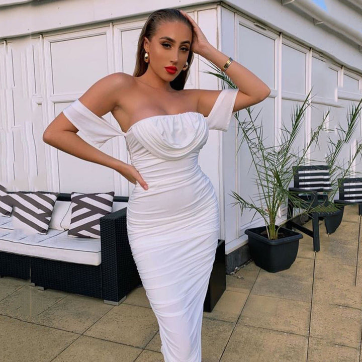 Kliti™ | Elegante off-shoulder ruched bodycon midi party jurk