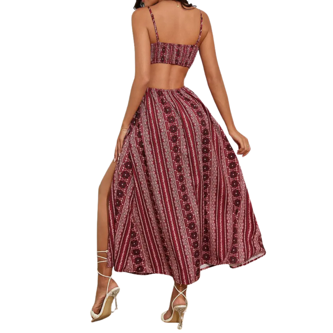 Delara™ | Boho print backless slit jurk