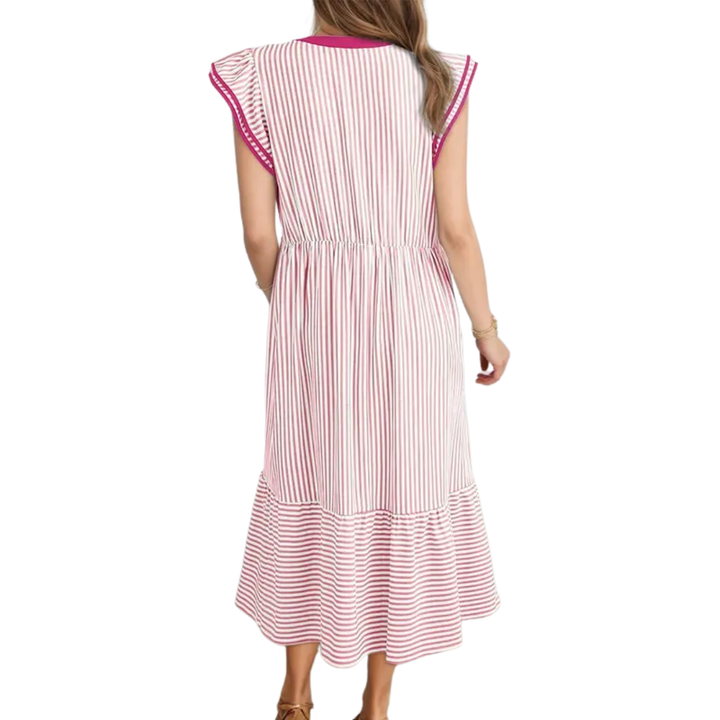 Blythe™ | Gestreepte ruffle cap sleeve midi jurk