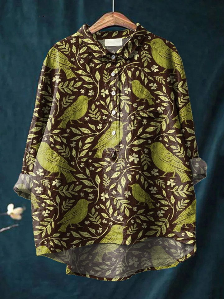 Victoria | Dames vintage bloemen birds art print casual shirt