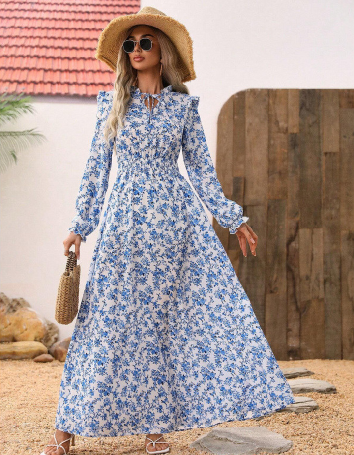 Moren™ | Elegante lange mouwen bloemen print a-line jurk