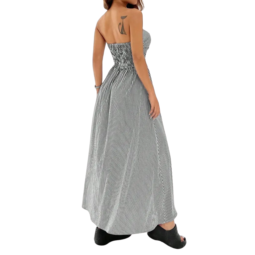 Zelda™ | Gestreepte strapless pocket maxi jurk