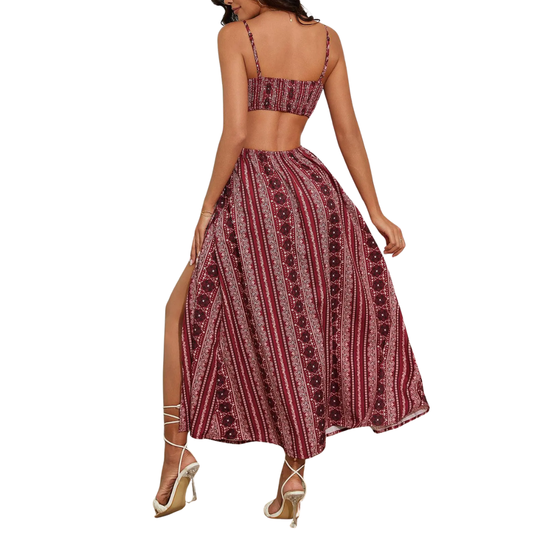Selena™ | Met print open-back slit jurk
