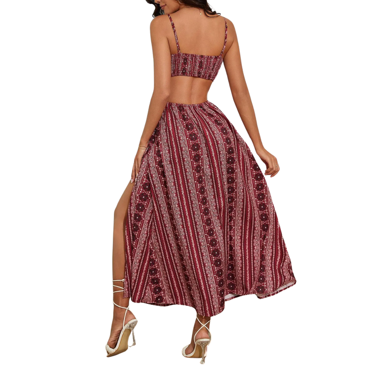Selena™ | Met print open-back slit jurk