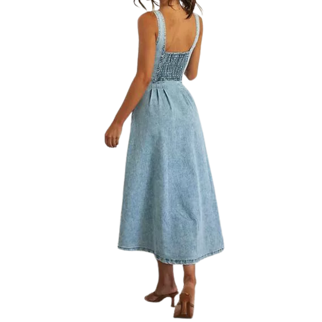 Decker™ | Distressed denim button-down midi jurk