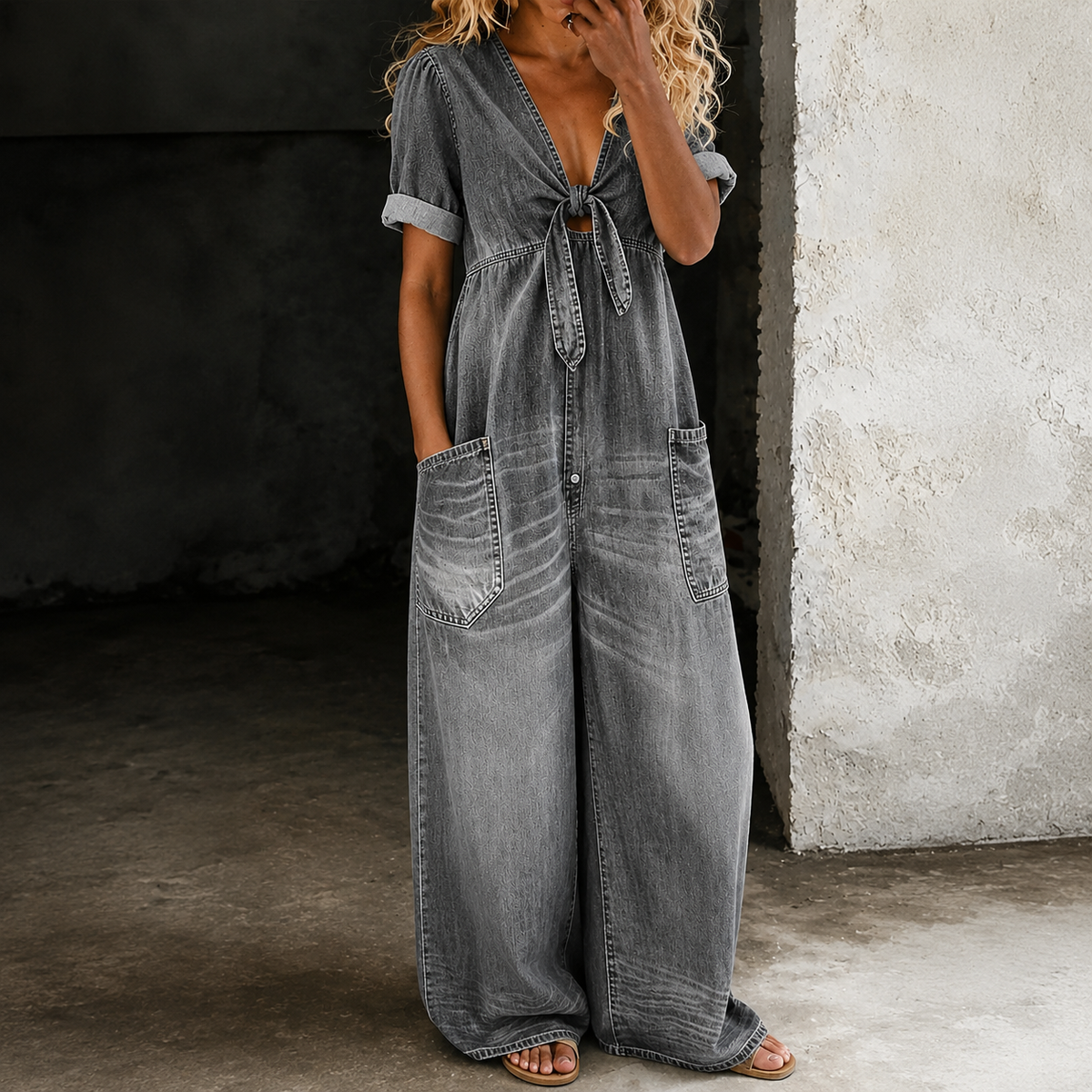 Maya | Denim Jumpsuit Met Wijde Pijpen