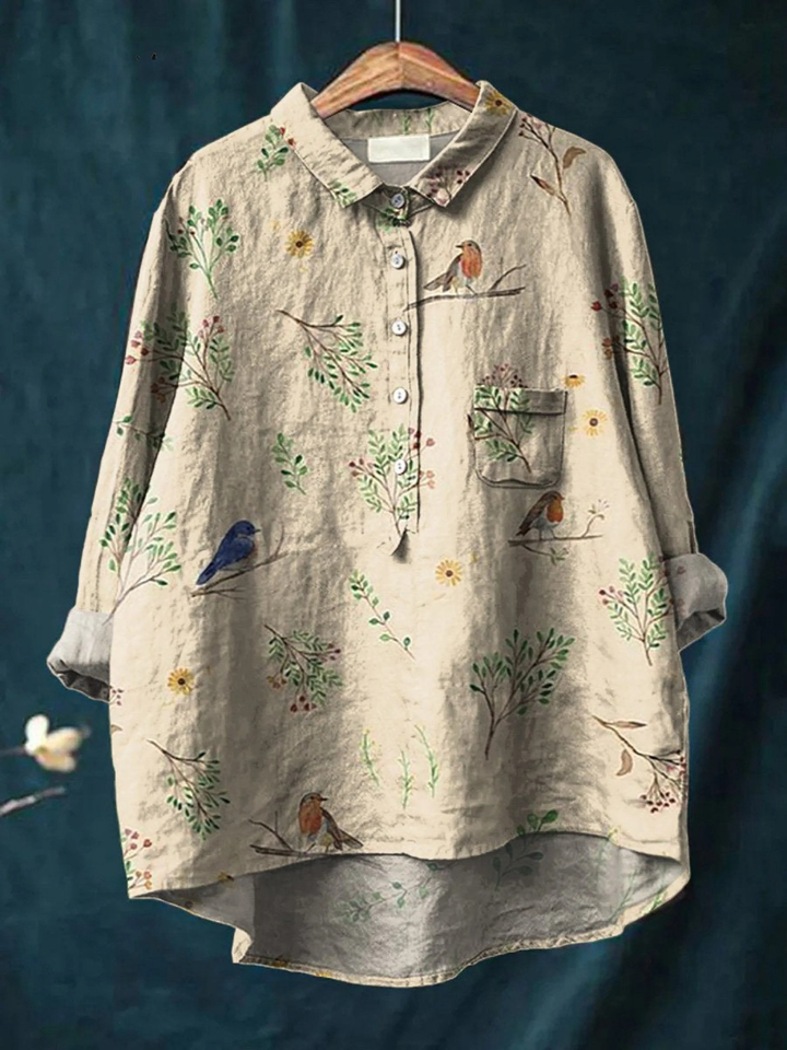 Alice | Boughs and robin birds pattern met print dames casual shirt