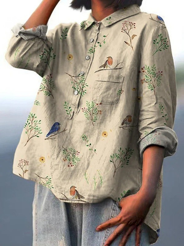 Alice | Boughs and robin birds pattern met print dames casual shirt