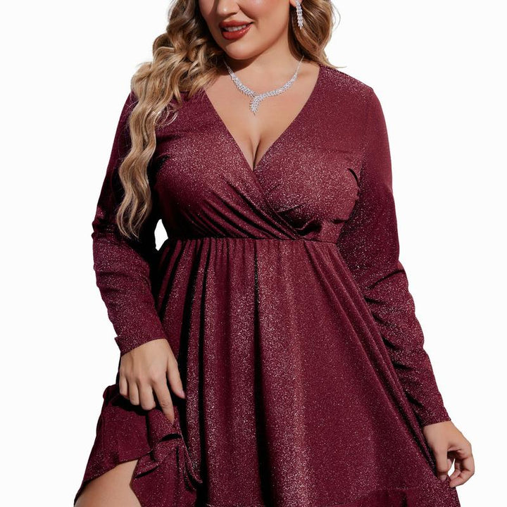 Mathilde™ | Plus size glitter V-hals ruffle hem swing cocktail jurk