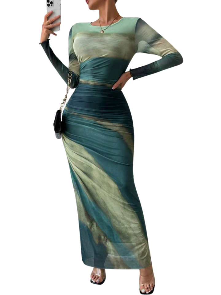 Tessie™ | Dames all-over print ruched bodycon jurk lange mouwen ronde hals jurk for party