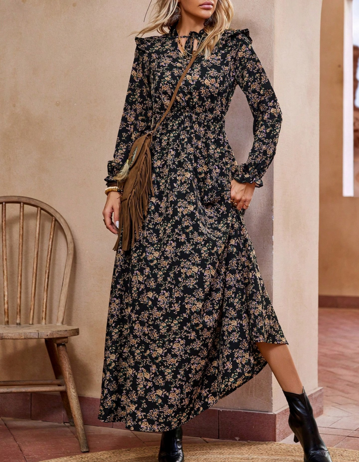 Moren™ | Elegante lange mouwen bloemen print a-line jurk