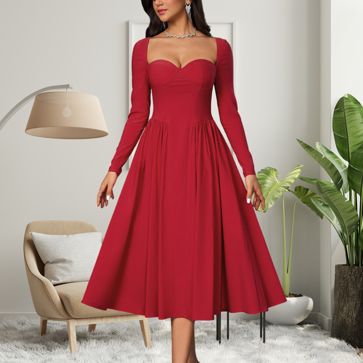 Akila™ | Elegante heart neckline lange mouwen a-line maxi jurk