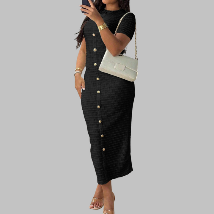 Rachel™ | Elegante ronde hals fake button jurk