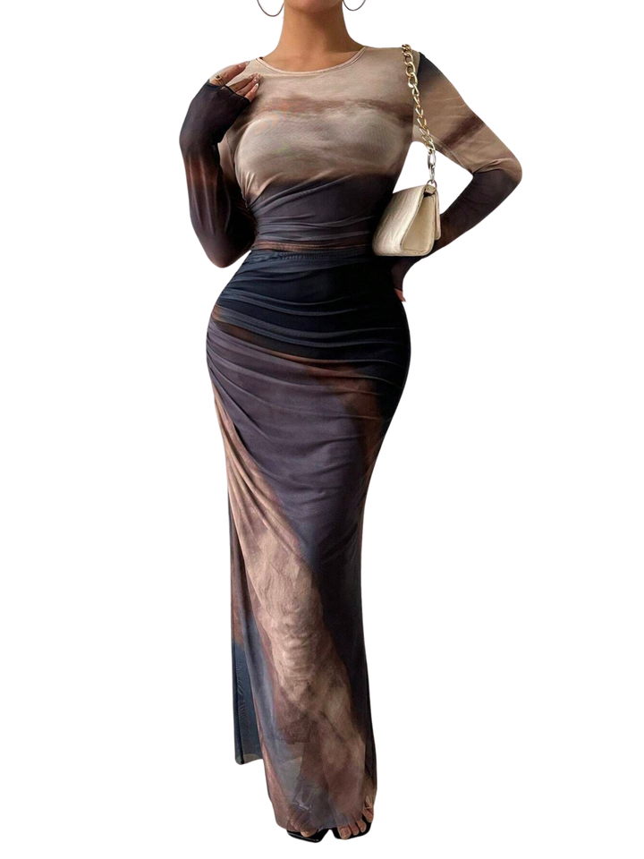 Tessie™ | Dames all-over print ruched bodycon jurk lange mouwen ronde hals jurk for party