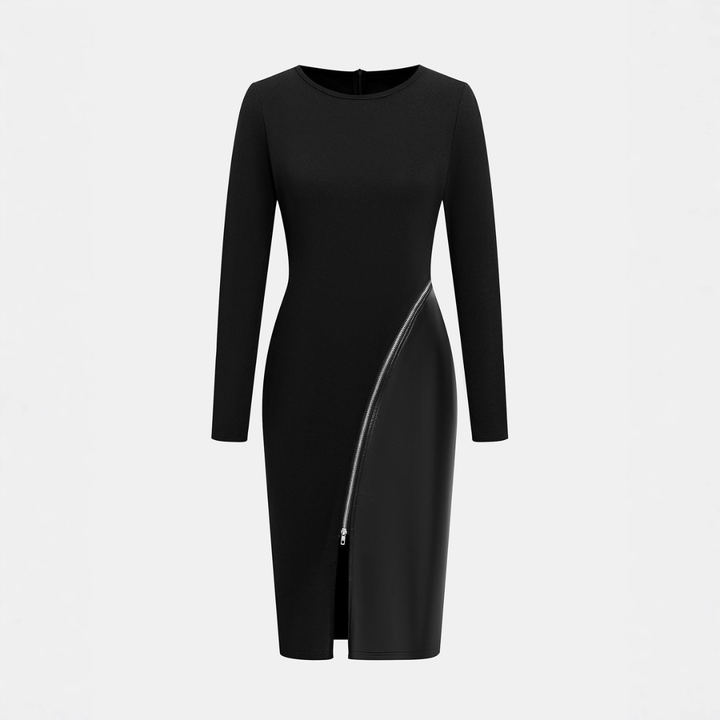 Charene™ | Dames effen kleur pu leather patchwork zipper bodycon jurk