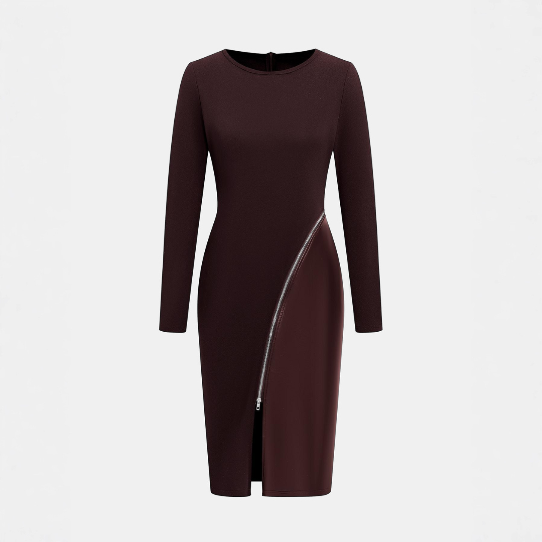 Charene™ | Dames effen kleur pu leather patchwork zipper bodycon jurk