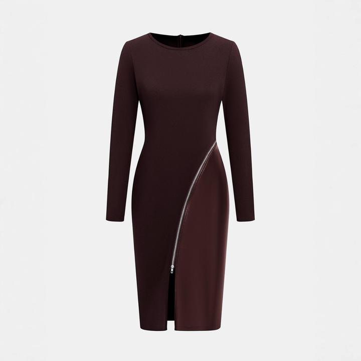 Charene™ | Dames effen kleur pu leather patchwork zipper bodycon jurk