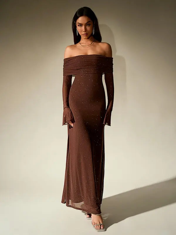Andrea™ | Dames off-the-shoulder ruched contrast sequin bodycon jurk