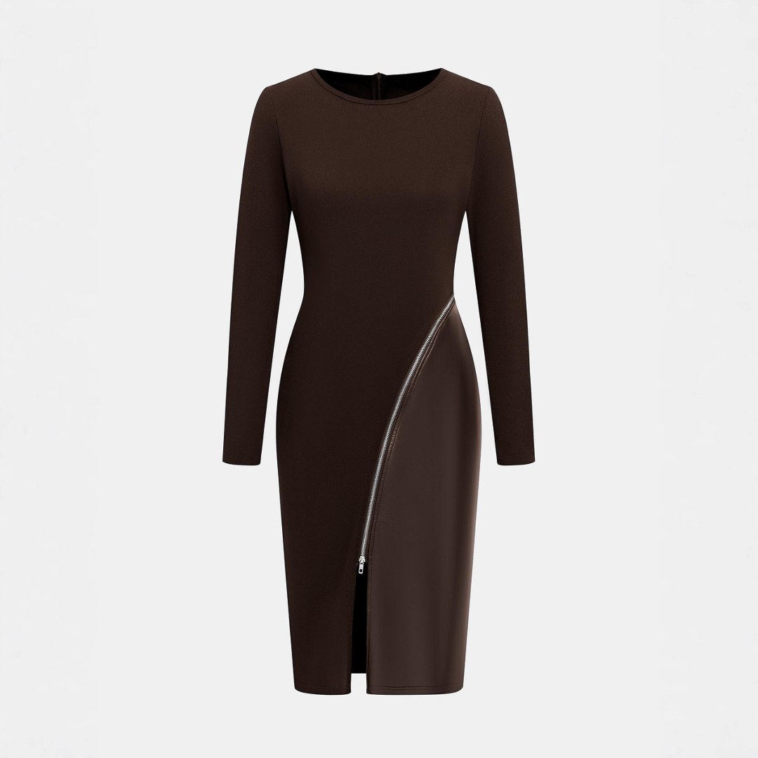 Charene™ | Dames effen kleur pu leather patchwork zipper bodycon jurk