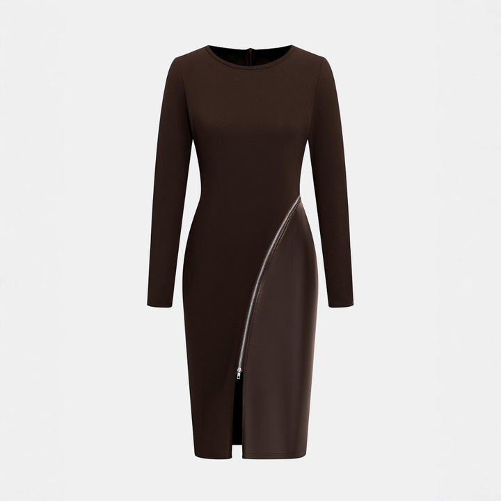 Charene™ | Dames effen kleur pu leather patchwork zipper bodycon jurk