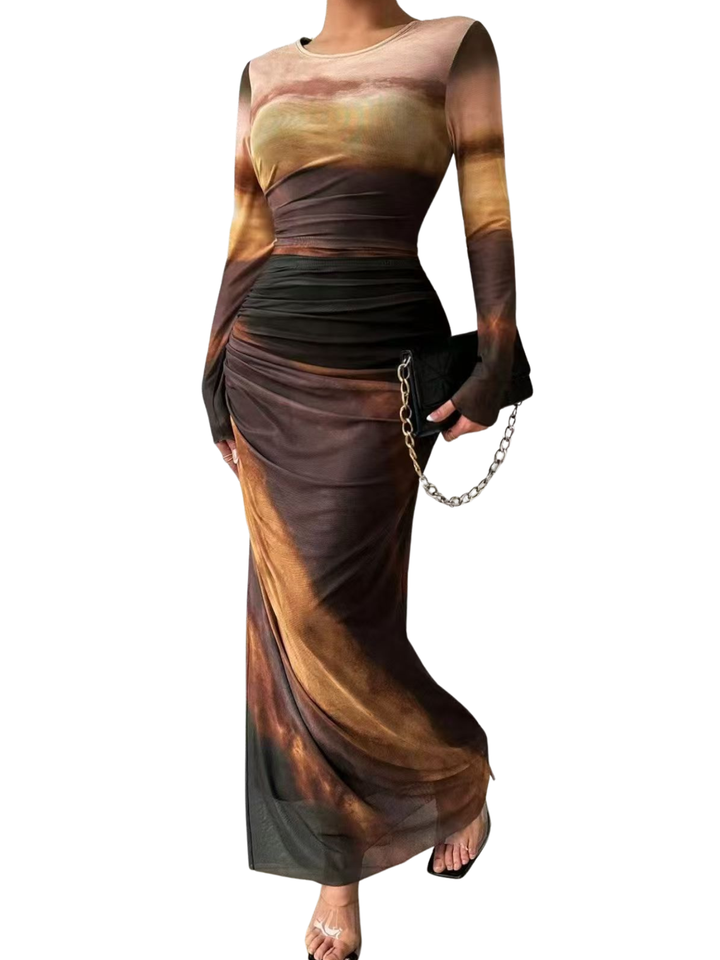 Tessie™ | Dames all-over print ruched bodycon jurk lange mouwen ronde hals jurk for party