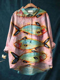 Eliza | Dames vintage fish art print casual shirt