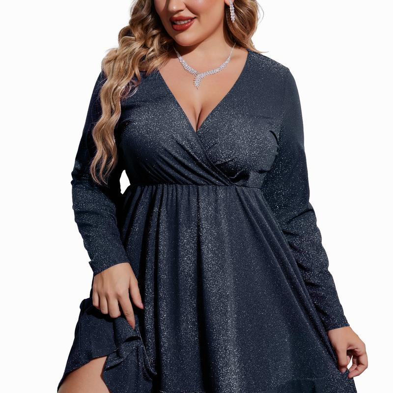 Mathilde™ | Plus size glitter V-hals ruffle hem swing cocktail jurk