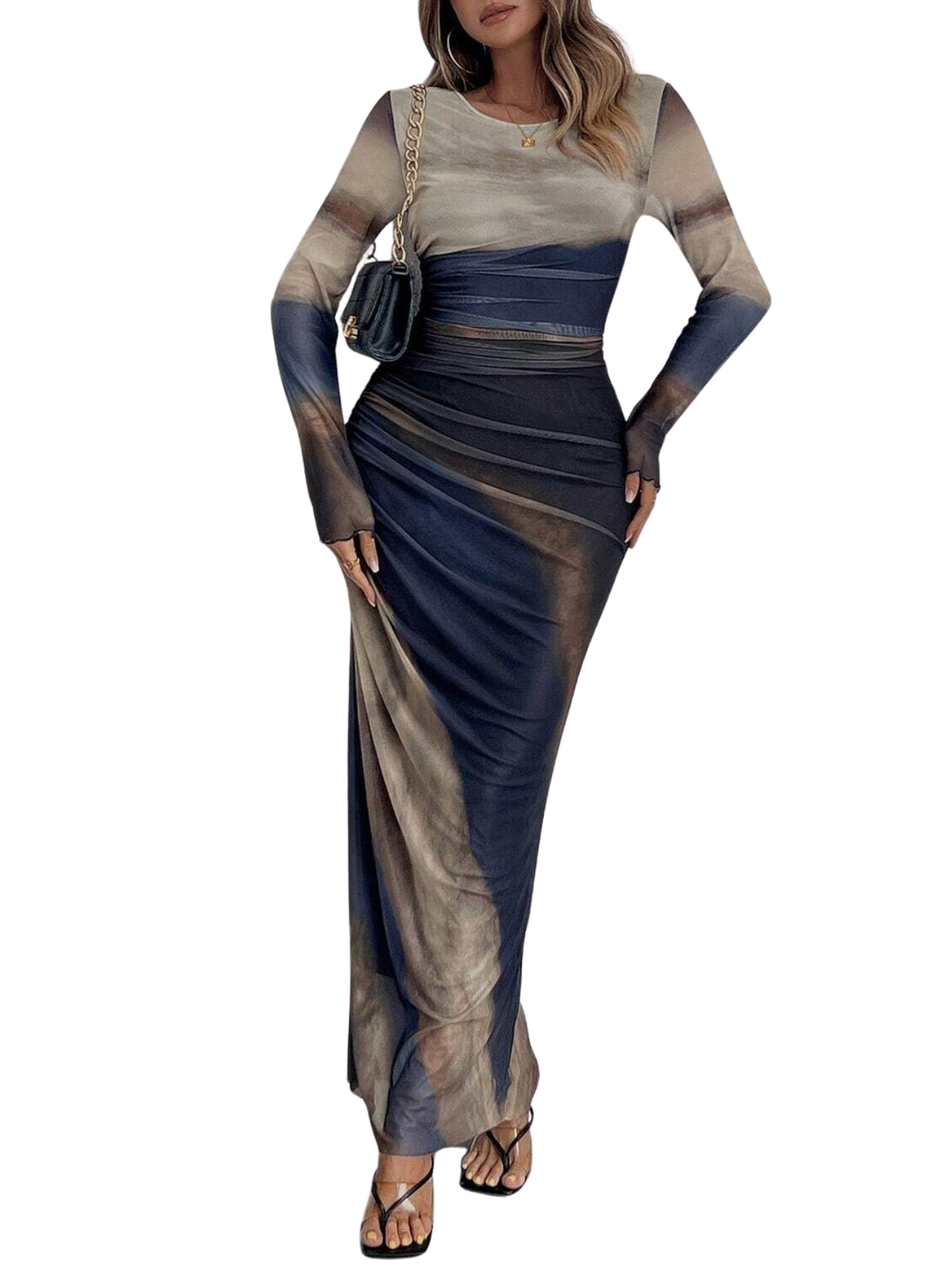 Tessie™ | Dames all-over print ruched bodycon jurk lange mouwen ronde hals jurk for party