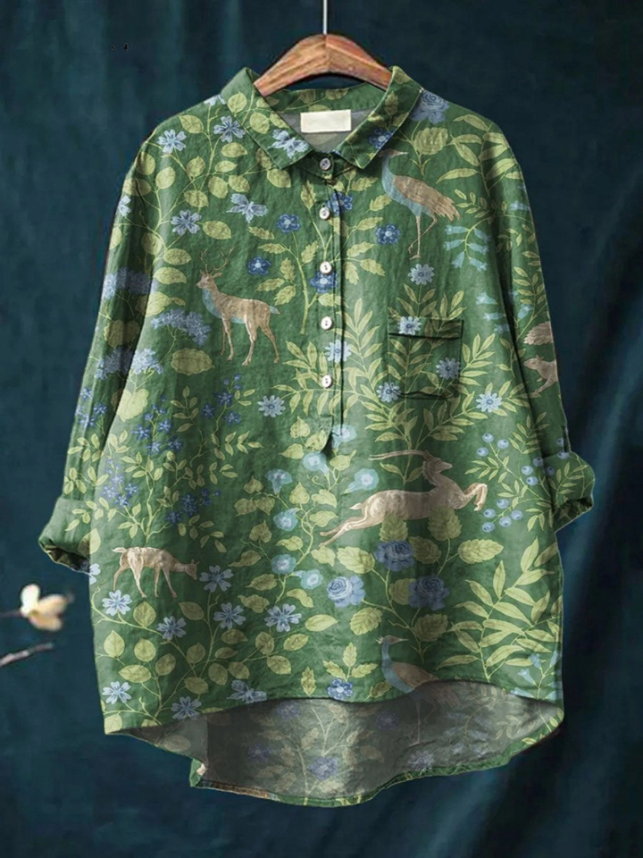 Georgia | Dames vintage bloemen animals art print casual shirt
