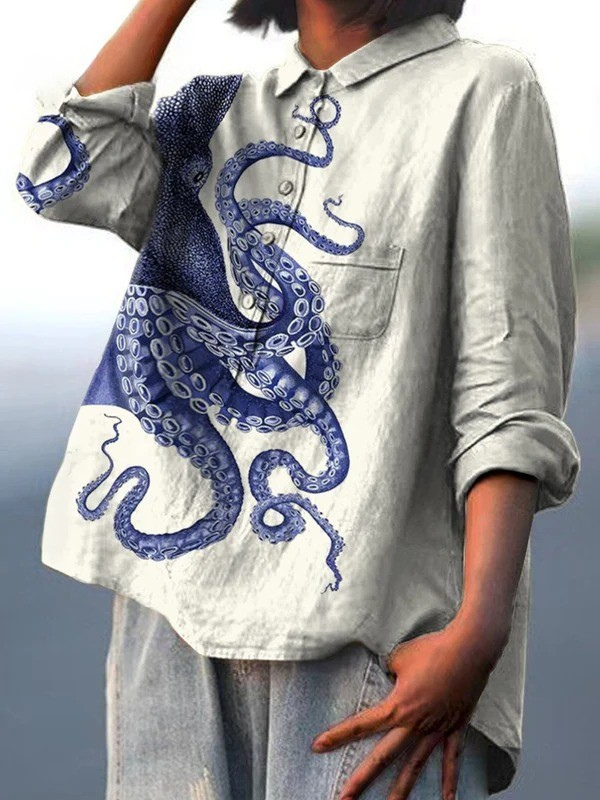 Amelia | Dames deep sea octopus tentacles art print casual shirt