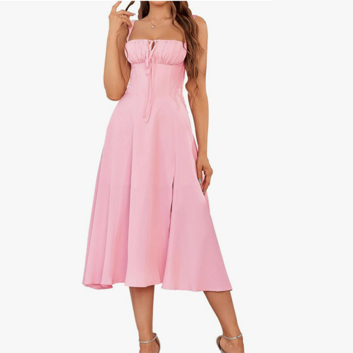 Ariellou™ | Elegante lace-up square neck midi jurk