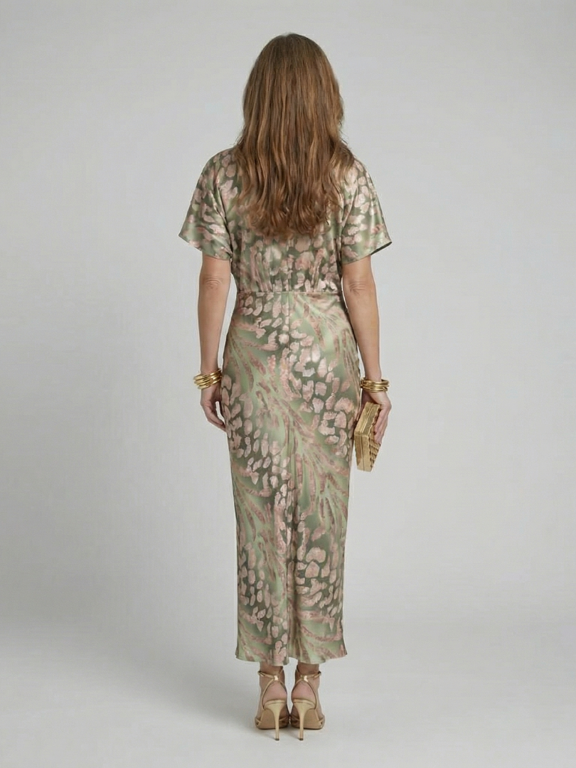 Coralie | Abstract print v neck twist waist midi jurk