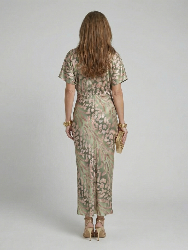 Coralie | Abstract print v neck twist waist midi jurk