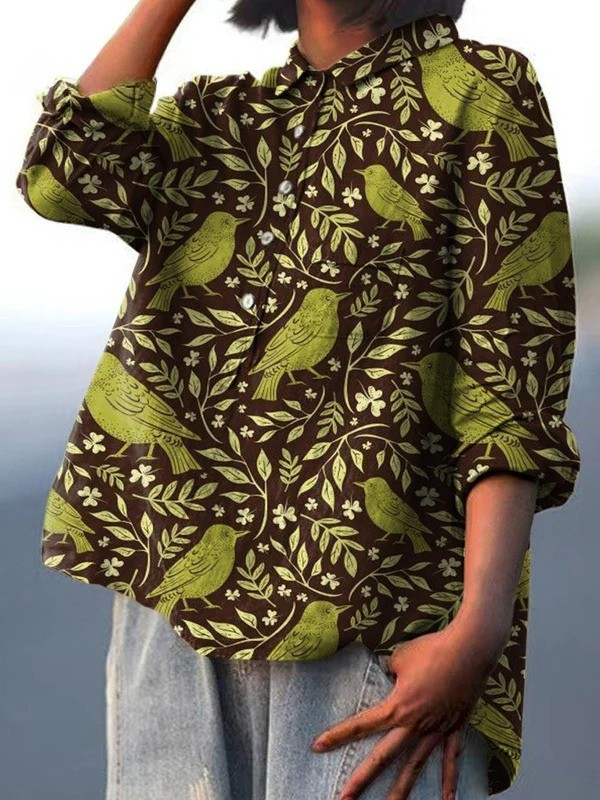 Victoria | Dames vintage bloemen birds art print casual shirt