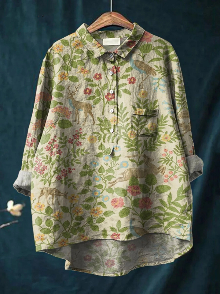 Georgia | Dames vintage bloemen animals art print casual shirt