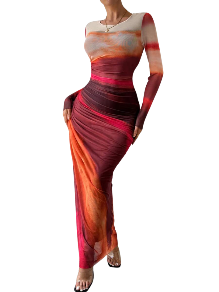 Tessie™ | Dames all-over print ruched bodycon jurk lange mouwen ronde hals jurk for party