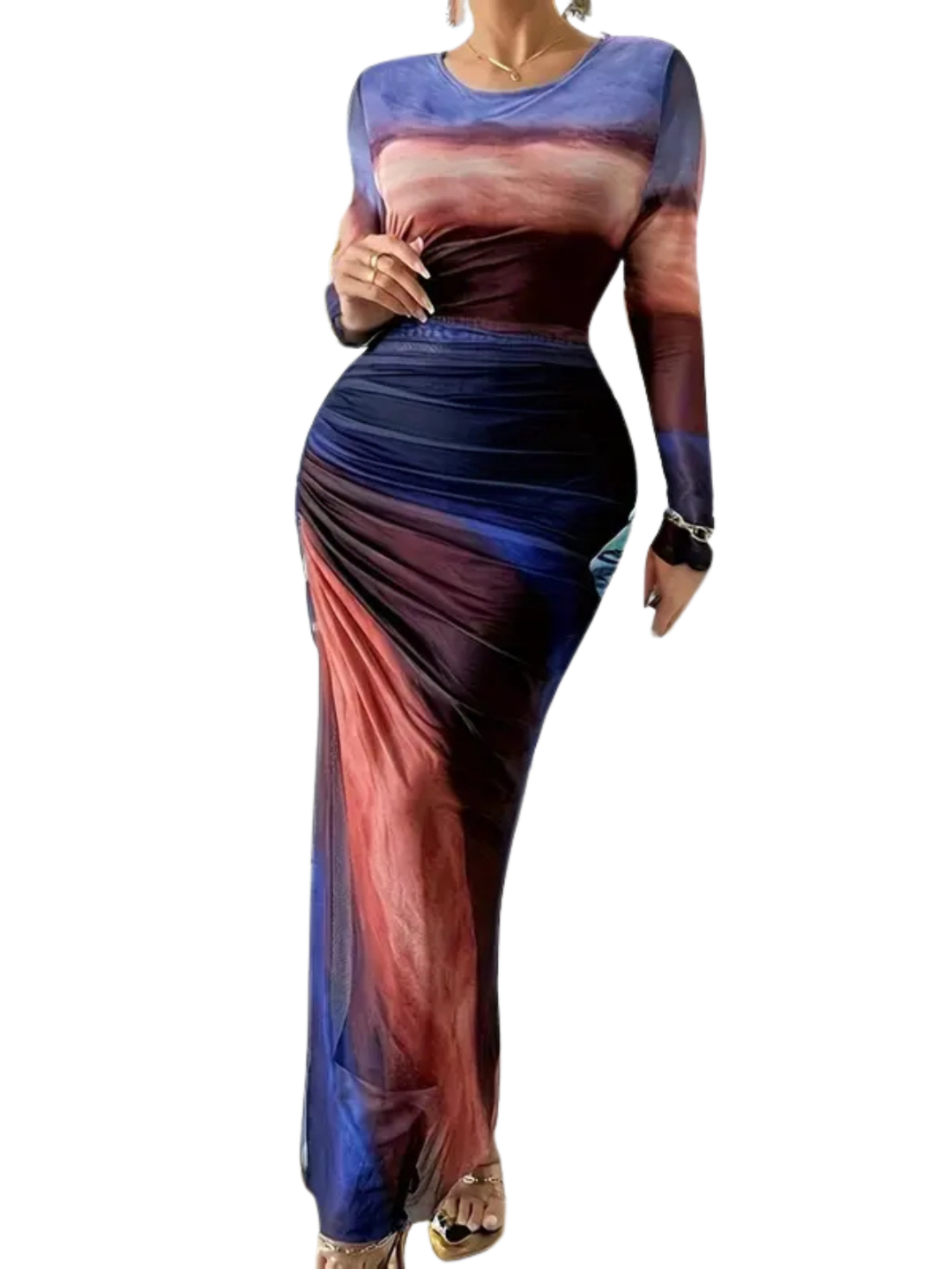Tessie™ | Dames all-over print ruched bodycon jurk lange mouwen ronde hals jurk for party