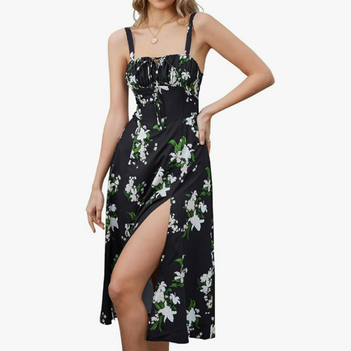Ariellou™ | Elegante lace-up square neck midi jurk