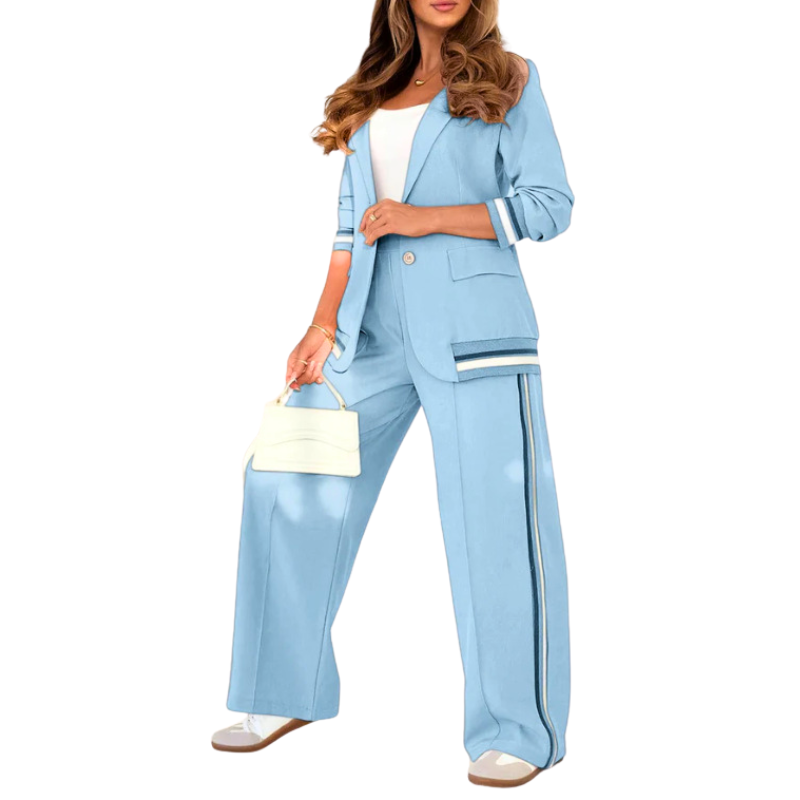 Suzette™ | Elegante patchwork lapel neck top and elastic waist trouser set