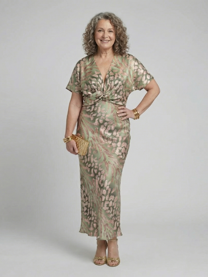 Coralie | Abstract print v neck twist waist midi jurk