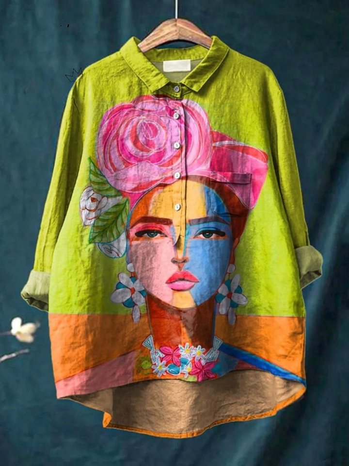 Amber | Oil painting freda portrait art met print dames casual shirt