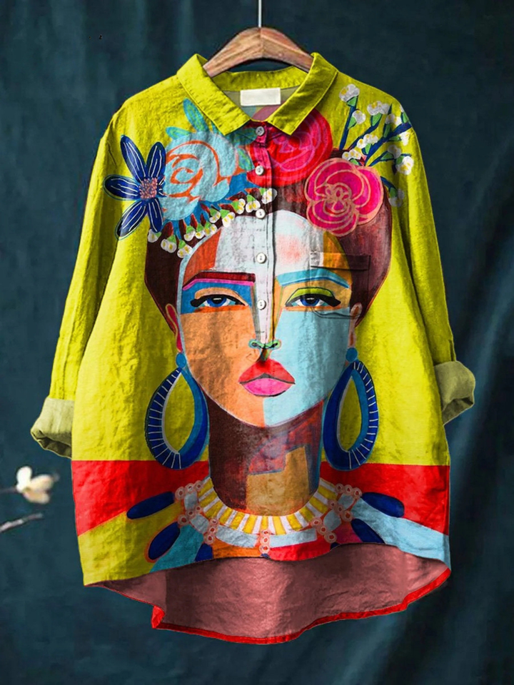 Amber | Oil painting freda portrait art met print dames casual shirt
