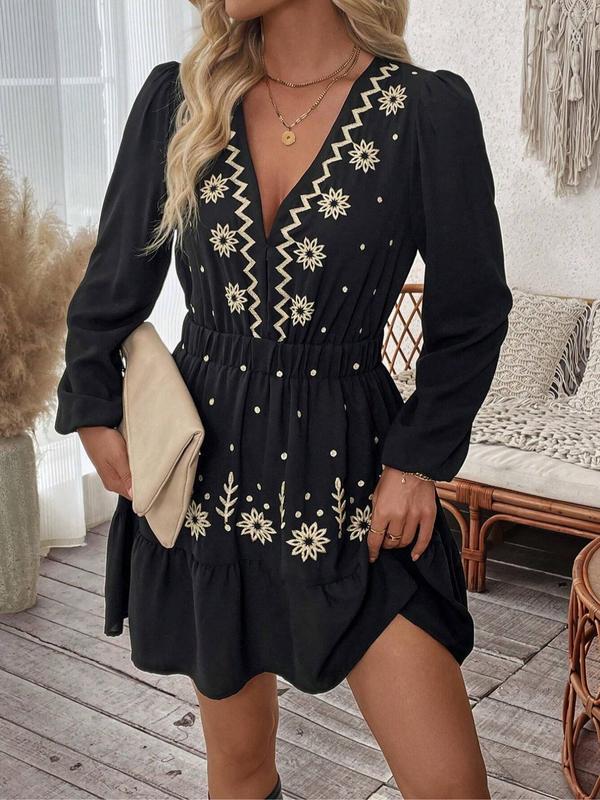 Lottie™ | Elegante embroidered lange mouwen casual jurk
